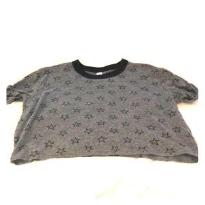 Grey t shirt, semi short.